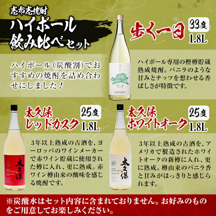 【ふるさと納税】＜入金確認後、2週間以内に発送！＞志布志焼酎ハイボール飲み比べセット計5.4L(1.8L×3本)!赤ワインやホワイトオークの樽で熟成された古酒など3本を飲み比べ！!炭酸割におすすめの太久保酒造と若潮酒造の焼酎をお好みの炭酸水で!【江川商店】b8-003