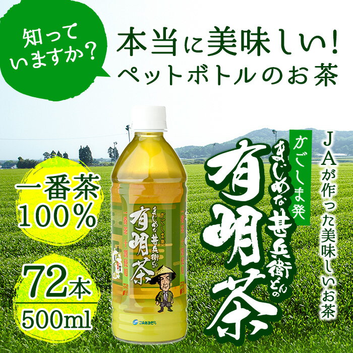 【ふるさと納税】【定期便全3回】鹿児島県志布志市のまじめな甚兵衛どんの有明茶!計72本(500ml×24本×3ヶ月）1番茶100%使用のペットボトルのお茶【JAあおぞら】t005-002