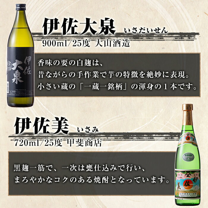 【ふるさと納税】伊佐焼酎小瓶飲み比べセット！伊佐錦、黒伊佐錦、伊佐美、伊佐舞、伊佐小町、伊佐大泉(伊佐美720ml、ほか900ml各1本・計6本) 鹿児島 本格芋焼酎 芋焼酎 焼酎 五合瓶 四合瓶 飲み比べ 詰め合わせ 詰合せ【酒乃向原】【B5-03】