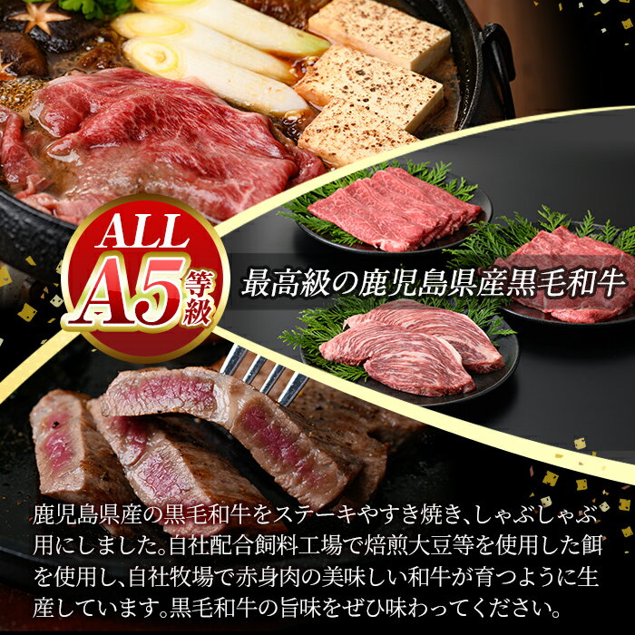 【ふるさと納税】≪ALL！A5等級≫鹿児島県産黒毛和牛赤身ステーキ・モモすき焼き・モモしゃぶしゃぶの詰め合わせセット (計840g) 国産 鹿児島産 黒毛和牛 お肉 肉 牛肉 ステーキ すき焼き しゃぶしゃぶ 【水迫畜産】