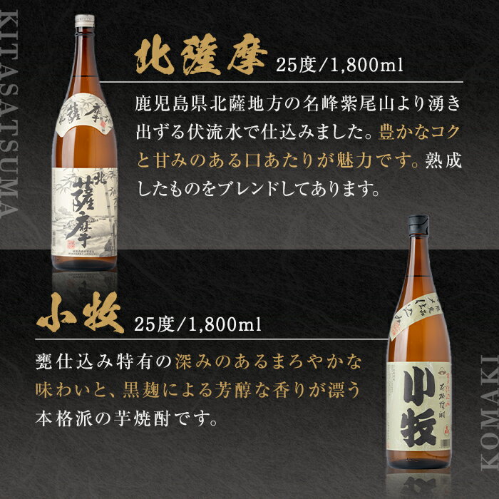 【ふるさと納税】＜数量限定＞鹿児島の本格芋焼酎4本飲み比べセット！(1本1.8L、北薩摩・小牧・ぼっけもん・甕仕込み紫尾の露) 鹿児島 国産 九州産 お酒 アルコール 焼酎 リキュール 芋焼酎 ロック お湯割り ソーダ割 一升瓶【一社)さつま町観光特産品協会】