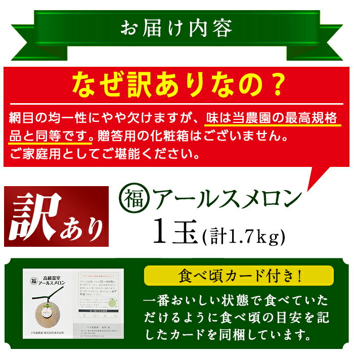 【ふるさと納税】＜訳あり＞マル福の高級アールスメロン(1玉・1.7kg) メロン フルーツ 果物 果実 1キロ 数量限定 期間限定【マル福園芸組合】【0111109a】