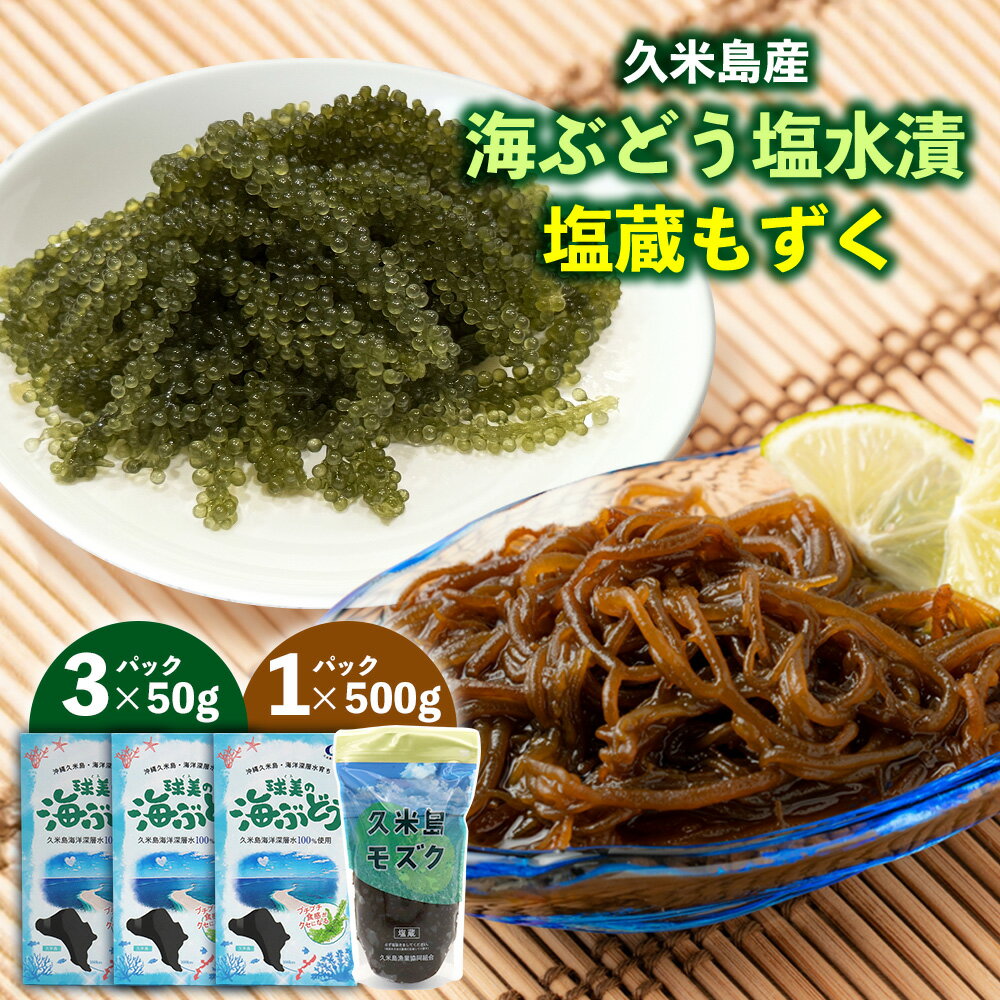 久米島産!海ぶどう塩水漬50g×3パック&塩蔵もずく500g×1パック うみぶどう モズク 国産 養殖 栄養 ミネラル ビタミン フコイダン アルギン酸 高栄養価 老廃物排出 ダイエット 美容 健康 アレンジ レシピ お取り寄せ 通販 沖縄 お土産