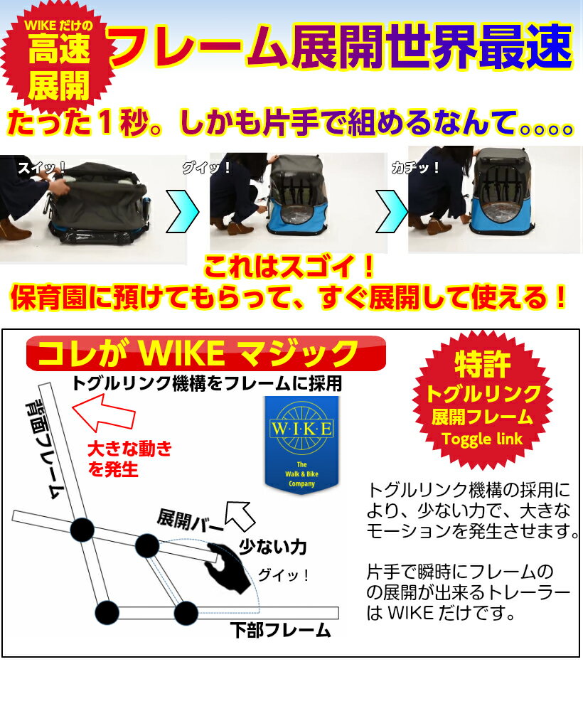 【即納】ワイクジュニア<WIKEJunior>チャイルドトレーラーお子様1歳から6歳くらい一人・二人乗兼用・身長117cmくらい・積載45kgまで、コンパクト設計・けん引専用・高速折畳み色・ビンテージブルー