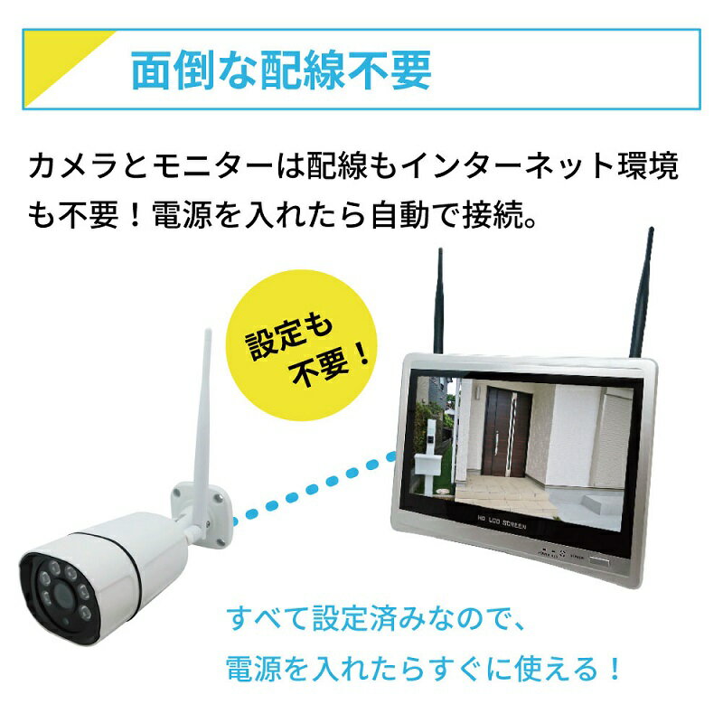 fairy angelの防犯カメラ ワイヤレス 屋外 工事不要 1台 300万画素 防犯カメラセット 12.5インチ 液晶モニター 録画内臓一体型 モニターセット wifi 無線 有線ネットワーク 家庭用 カメラセット 屋外用防犯カメラ 監視カメラ 防水 防塵 赤外線 暗視 駐車場 車庫 車上荒らし 動体検知｜アングル3