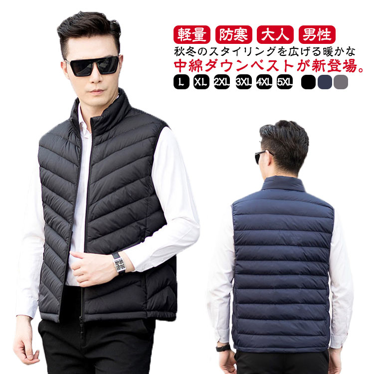ダウンベスト メンズ ライトダウン 中綿ベスト 中綿 ベスト フェイクダウン スタンドカラー 軽量 軽い アウター ダウンジャケット 秋冬 防寒 あったか 暖かい 無地 カジュアル 秋 冬 大人 男性