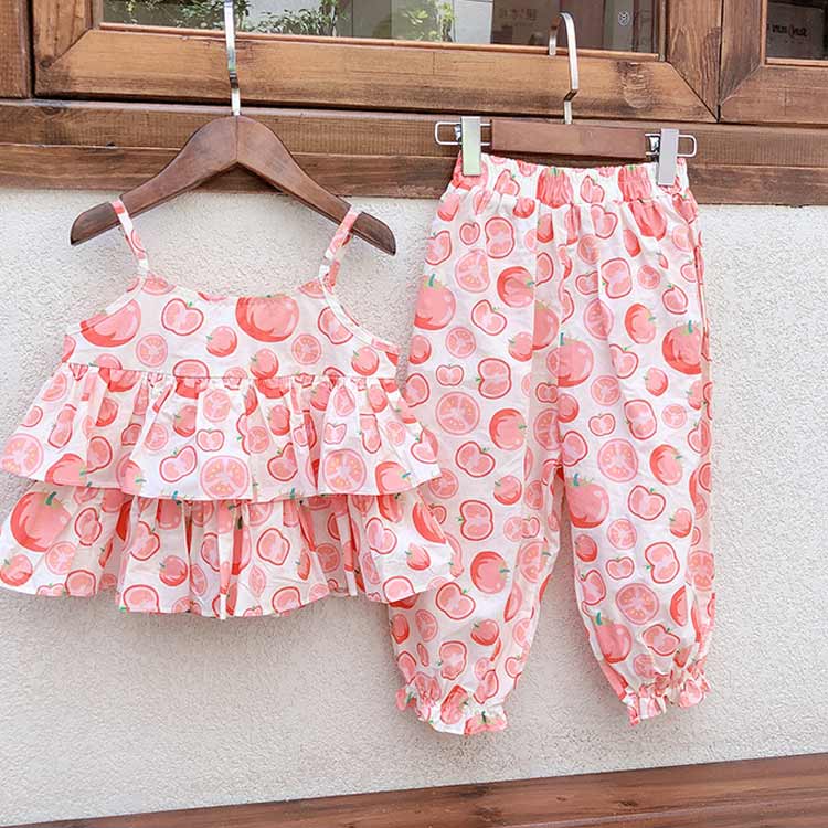 可愛い フリル キャミソール トップス 送料無料 ロングパンツ セットアップ 子供服 女の子 フレア 夏 2段フリル 柄物 2歳 3歳 5歳 7歳 幼稚園 小学生