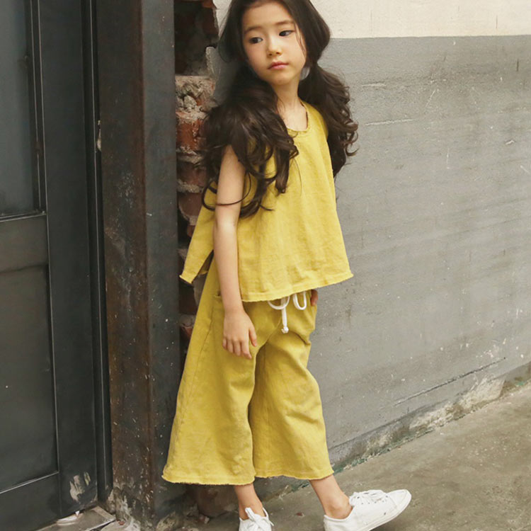 親子ペア 子供服 2点 セットアップ ノースリーブtシャツ ワイドパンツ パンツセット 女の子 キッズ ジュニア 無地 ルーズ スリット 90 110 120 130 140 150 レディース 大人