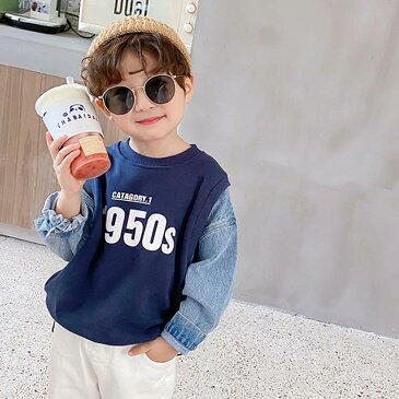 おしゃれな重ね着風 トップス トレーナー パーカー 男の子 女の子 送料無料 ベビー服 デニム 切り替え 子供 スウェット 長袖 春 秋 80 90 100 110 120 130