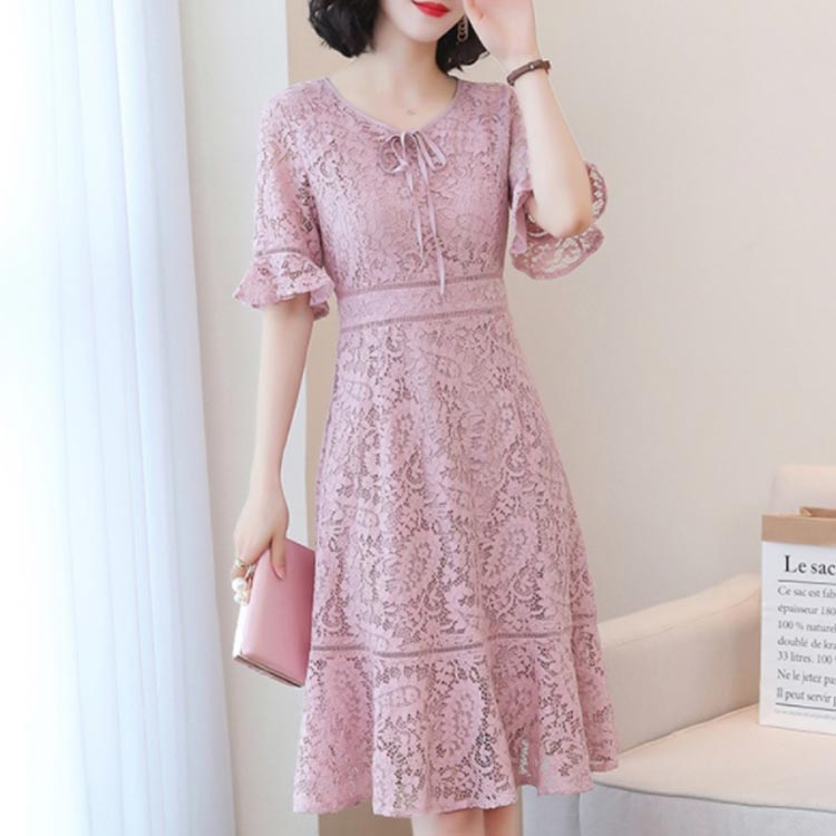 ワンピース レディース 総レースワンピース ショートワンピース ミニワンピース 半袖 フレアスリーブ 透かしレース Vネック リボン付き ハイウエスト 裏地付き キレイめ お洒落 大人可愛い 夏物 夏新作