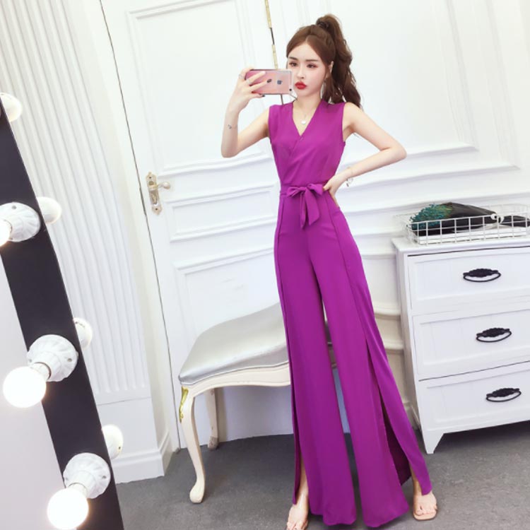 オールインワン レディース ロングパンツ シフォンパンツ オーバーオール ワイドパンツ シフォン Vネック ノースリーブ スリット入り 無地 リボン エレガント 大人 セレブ風 お洒落 キレイめ 夏新作