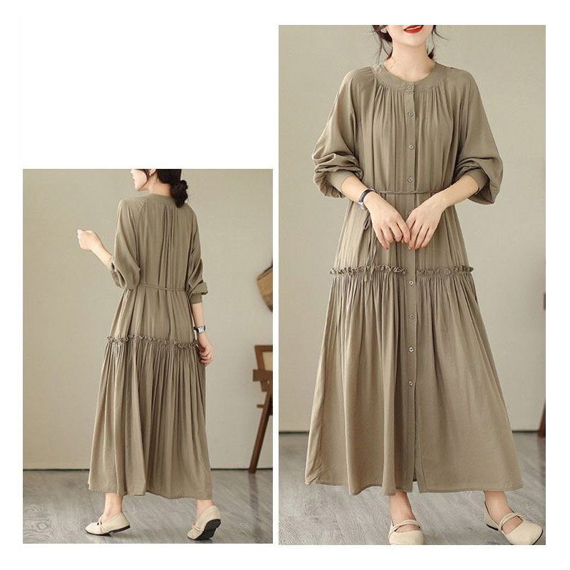 ロング ワンピース レディース ワンピース ギャザー オフィスカジュアル ゆったり 大きいサイズ シンプル 無地 長袖 着痩せ 体型カバー マキシ丈 ワンピース Aライン レディースファッション 20代 30代 40代 50代 60代