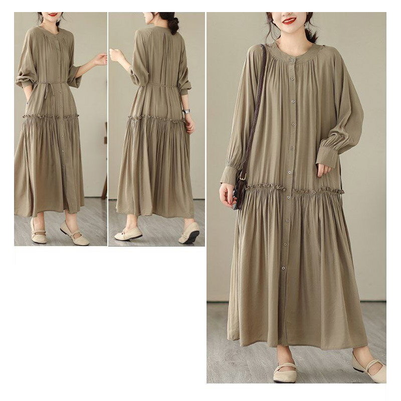ロング ワンピース レディース ワンピース ギャザー オフィスカジュアル ゆったり 大きいサイズ シンプル 無地 長袖 着痩せ 体型カバー マキシ丈 ワンピース Aライン レディースファッション 20代 30代 40代 50代 60代
