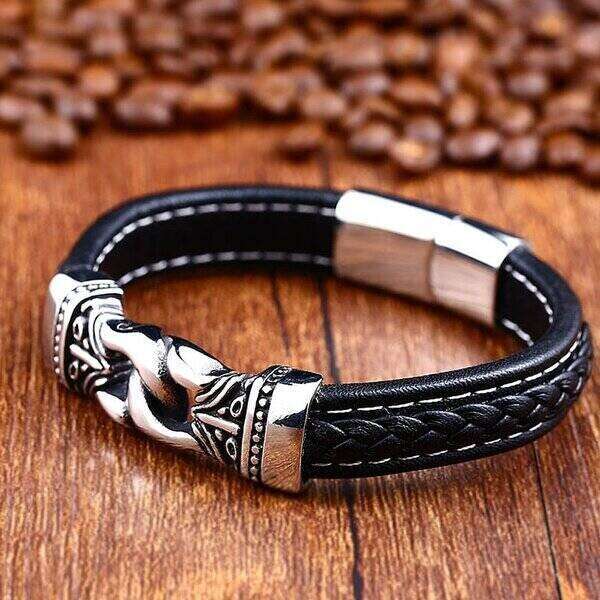 【送料無料】 ブレスレット レザー ステンレス ストラップ メンズ ビンテージ スチール 刻印 バイキング パンク ヒップ ホップ バイカー ダブル ファッション ジュエリー