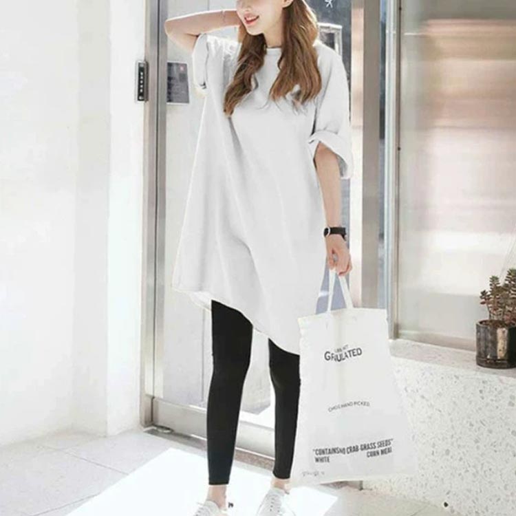 ワンピース チュニックTシャツ 無地 春夏 サイドスリット ゆったり ゆるTシャツ Tシャツワンピース レディース 半袖 カットソー ロンT 五分袖 シンプル Tシャツ ロングTシャツ チュニック チュニックTシャツ クルーネック 丸首 春 夏 黒 白