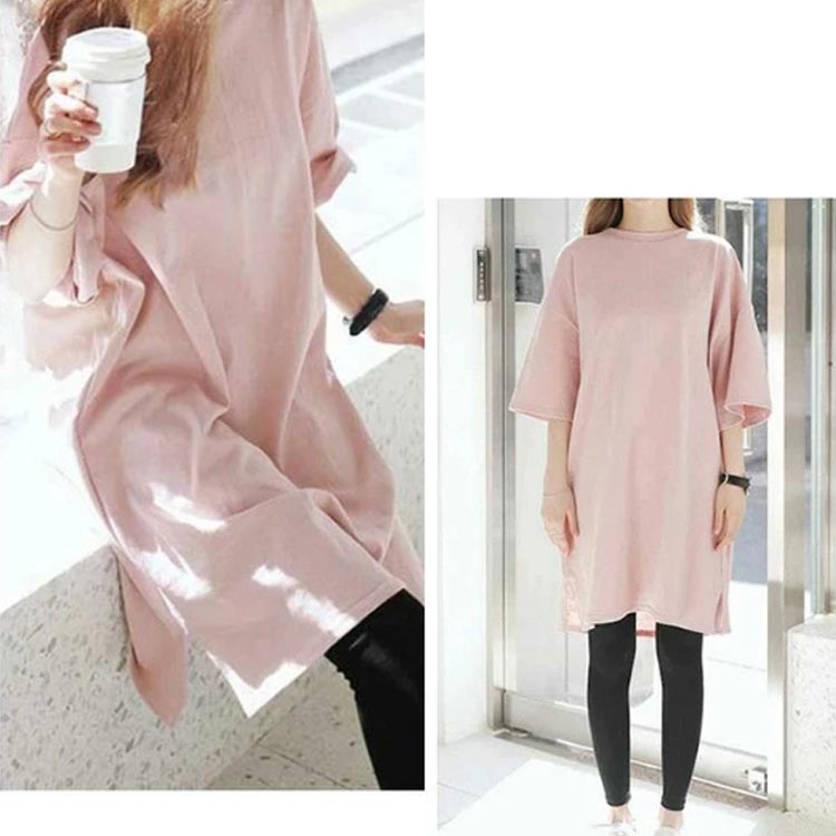 ワンピース チュニックTシャツ 無地 春夏 サイドスリット ゆったり ゆるTシャツ Tシャツワンピース レディース 半袖 カットソー ロンT 五分袖 シンプル Tシャツ ロングTシャツ チュニック チュニックTシャツ クルーネック 丸首 春 夏 黒 白