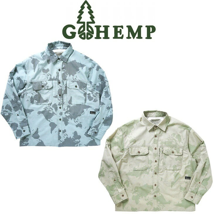 【送料無料】【MEN'S】GOHEMP ゴーヘンプ ULTIMATE WIDE SHIRTS アルティメットワイドシャツ 世界地図をモチーフとしウクライナの位置にはピースマークを添えた平和の願いを込めたオリジナルデザインフィッシングシャツにタウンでも着用しやすくトレンド感をプラスしたシャツのサムネイル
