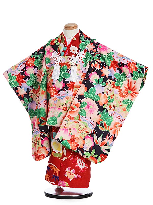 【レンタル】七五三レンタル 女の子 3歳着物フルセット 式部クラシック 被布コート 黒_四君子×赤_花丸 0APT353(3312) 被布セット 子供着物 貸衣...