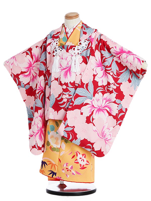 【レンタル】七五三レンタル 女の子 3歳着物フルセット 式部クラシック 被布コート 赤_牡丹×黄_花丸 0APT354(3313) 被布セット 子供着物 貸衣装...