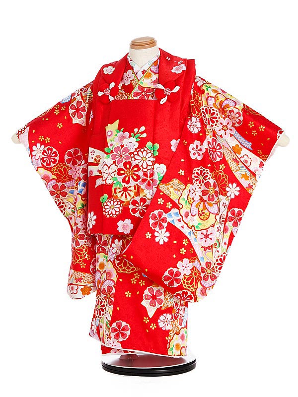 【レンタル】七五三レンタル 女の子 アンティーク 正絹 3歳着物フルセット 赤 被布 K306 被布セット アンティーク着物 753着物 レンタル753 七五三...