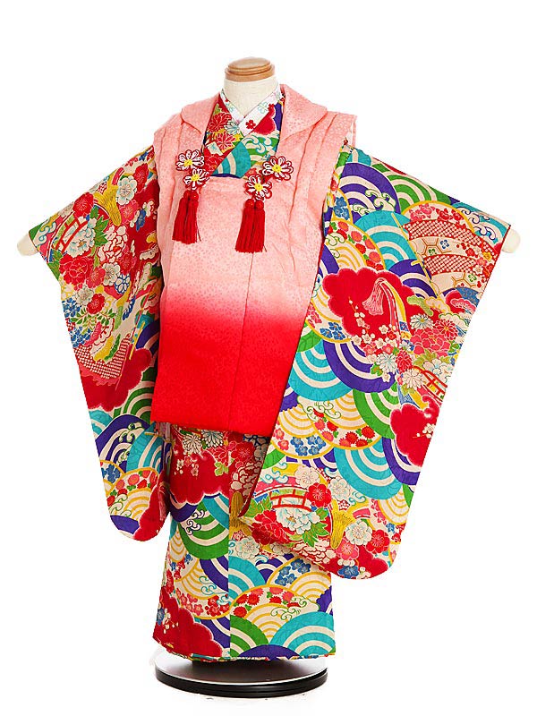 【レンタル】七五三レンタル 女の子 アンティーク 正絹 3歳着物フルセット 水色×赤 グラデーション 被布 K310 被布セット アンティーク着物 753着物 ...