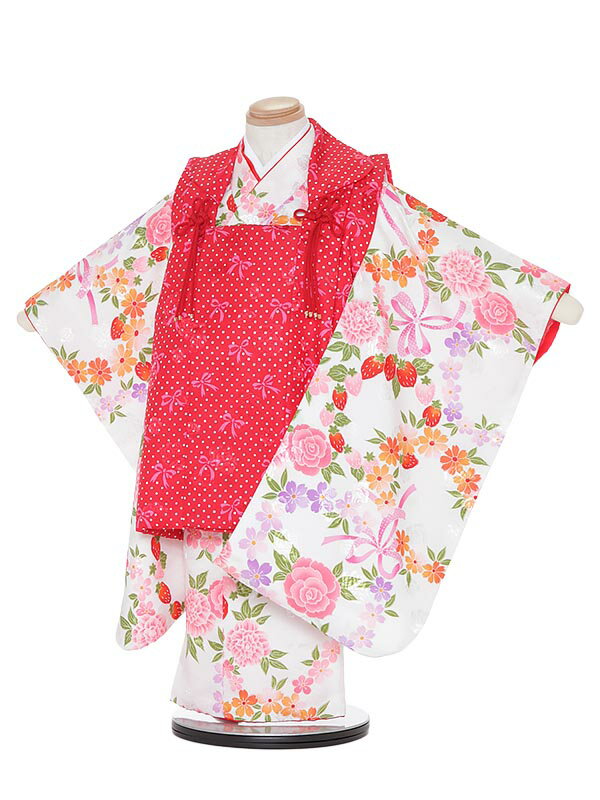 【レンタル】七五三レンタル 女の子 3歳着物フルセットH305 白地 花にリボン 被布セット 753着物 レンタル753 七五三着物 着物レンタル 子供着物 貸...