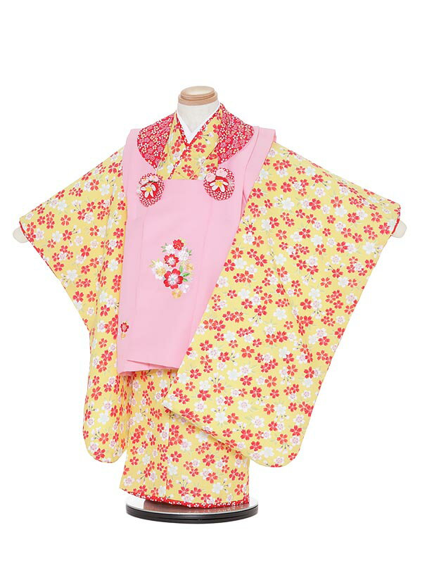 【レンタル】七五三レンタル 女の子 3歳着物フルセットH306 黄色地 桜 被布セット 753着物 レンタル753 七五三着物 着物レンタル 子供着物 貸衣装