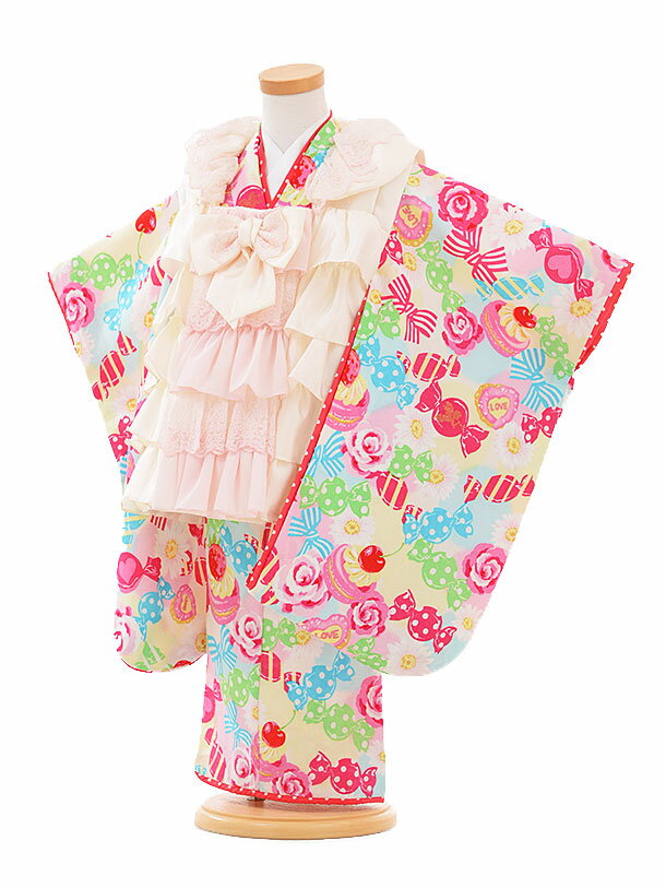 【レンタル】七五三レンタル 女の子 3歳着物フルセットH320 白×パステルカラー お菓子とリボン 被布セット 753着物 レンタル753 着物レンタル きもの...