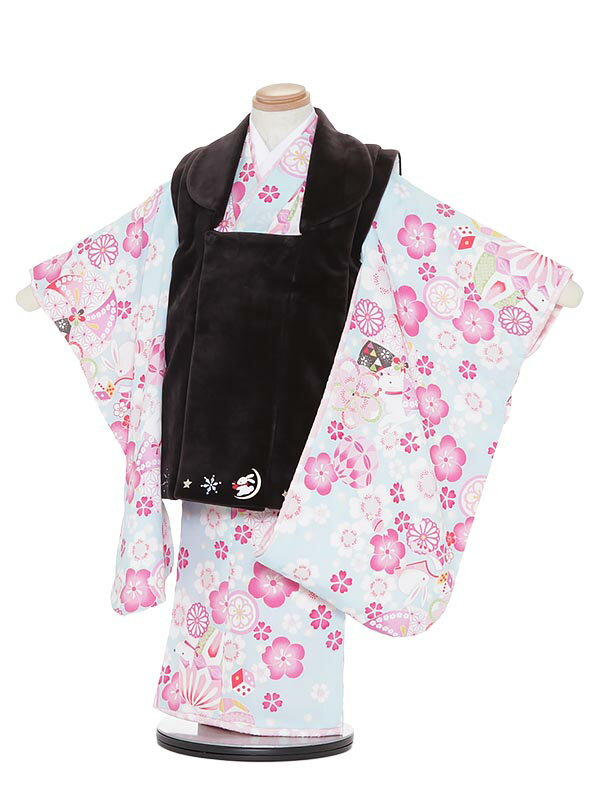 【レンタル】七五三レンタル 女の子 3歳着物フルセットH321 pom ponette 水色×黒 被布セット 753着物 レンタル753 着物レンタル きものレ...