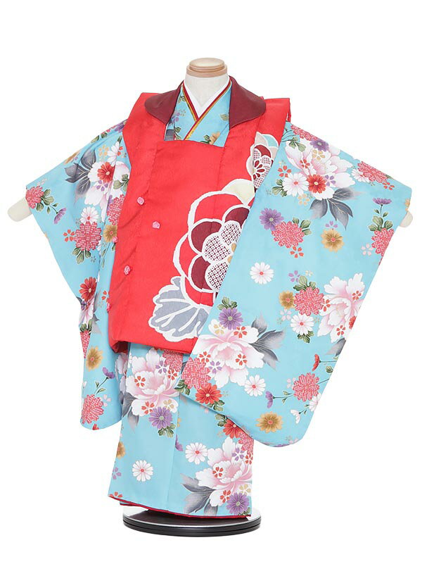 【レンタル】七五三レンタル 女の子 3歳着物フルセットH323 赤×水色 牡丹に小花 被布セット 753着物 レンタル753 着物レンタル 和装 子供着物 貸衣...