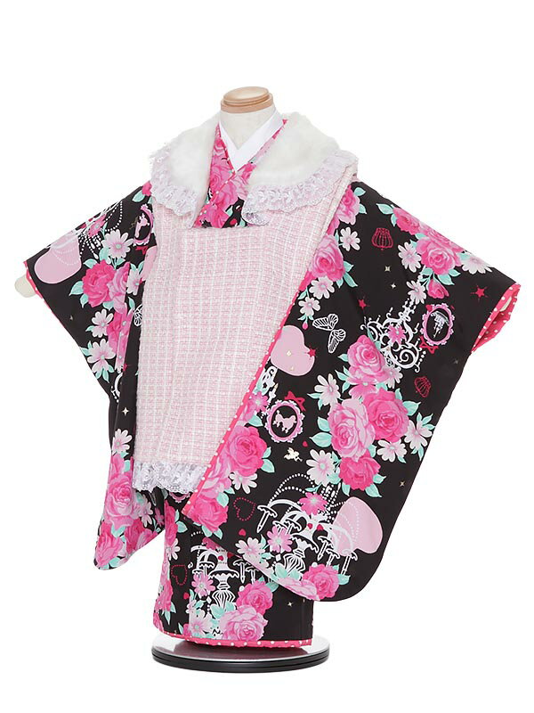 【レンタル】七五三レンタル 女の子 3歳着物フルセットH344 ピンク×黒 花とハート 被布セット 753着物 レンタル753 七五三着物 きものレンタル 子供...