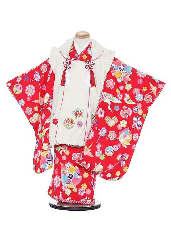 【レンタル】七五三レンタル 女の子 3歳着物フルセットH352 乙葉 白×赤 うさぎ 被布セット 753着物 レンタル753 子供着物 貸衣装
