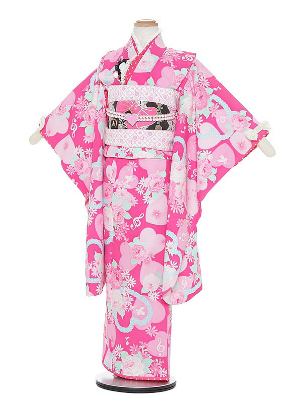 【レンタル】七五三 7歳着物レンタル H705 ピンク 花とハート フルセット貸衣装 女の子 753着物 七五三着物 子供着物 お正月 ひな祭り 結婚式 753 キッズ着物 七五三レンタル きもの