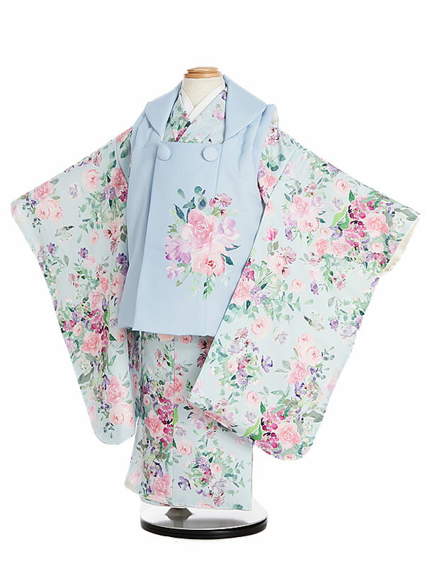 Rakuten - 【レンタル】七五三レンタル 女の子 3歳着物フルセット Botanical ミントブルー (I003) 被布セット 子供着物 貸衣装 いちは ボタニカル 着物レンタル きもの 753 90cm~100cm