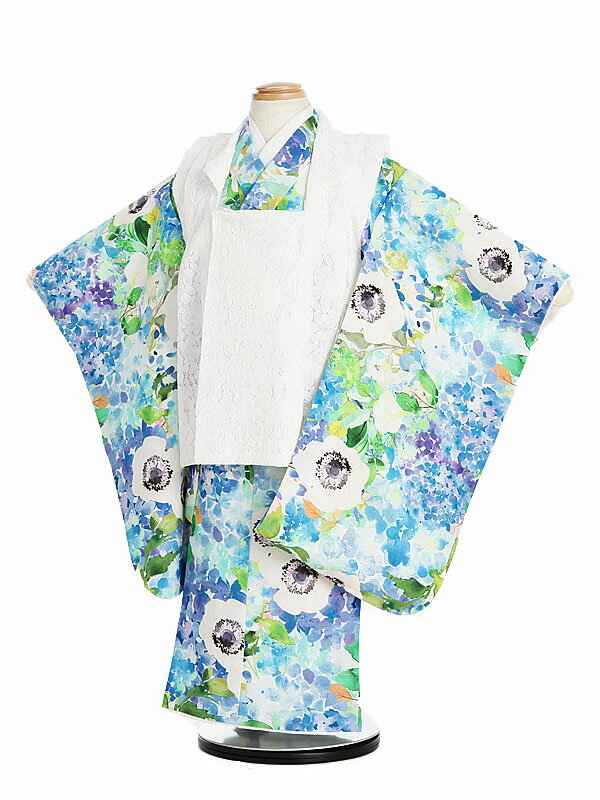 Rakuten - 【レンタル】七五三レンタル 女の子 3歳着物フルセット Anemoneブルー白レース (I004) 被布セット 子供着物 貸衣装 アネモネ いちは 着物レンタル きもの 753 90cm~100cm