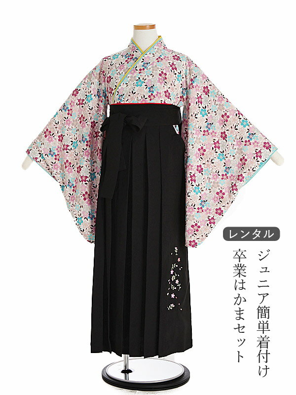 楽天マタニティ子供喪服レンタルH＆H【レンタル】[簡単着付け][卒業袴]袴レンタル 小学生 卒業式 袴セット 女の子150cm 160cm 12歳前後 女児袴レンタル 日本製ちりめん 桜づくし ピンク地×黒袴 卒業袴 6年生 着物レンタル 貸衣装 子供着物 簡単卒業はかま フルセット