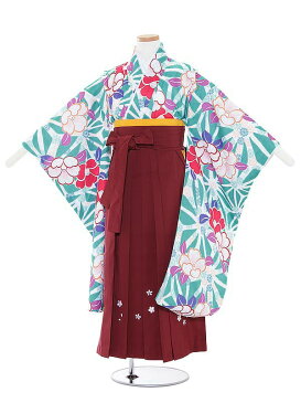 【レンタル】10歳前後 女児袴レンタル 0005 陽気な天使 ターコイズブルー椿×エンジ袴セット 138-143cm 10歳 卒業式 小学生 卒業袴 貸衣装 子供着物