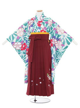 【レンタル】10歳前後 女児袴レンタル 0005 陽気な天使 ターコイズブルー椿×エンジ袴セット 138-143cm 10歳 卒業式 小学生 卒業袴 貸衣装 子供着物