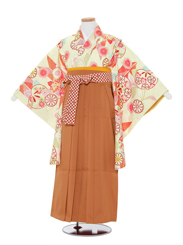 【レンタル】卒業式 袴セット 女の子12歳前後 女児袴レンタル 0020 黄色矢柄桜橘×サーモンピンク袴セット 143-148cm 12歳 卒業式 小学生 卒業袴 6年生 貸衣装　子供着物 3