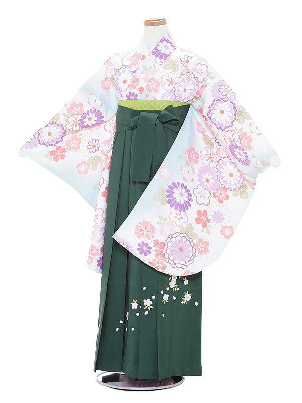 楽天マタニティ子供喪服レンタルH＆H【レンタル】袴レンタル 小学生 卒業式 袴セット 女の子12歳前後 女児袴レンタル 水色華紋着物 × グリーン桜袴 フルセット 143-148cm 12歳 卒業袴 6年生 貸衣装 女袴
