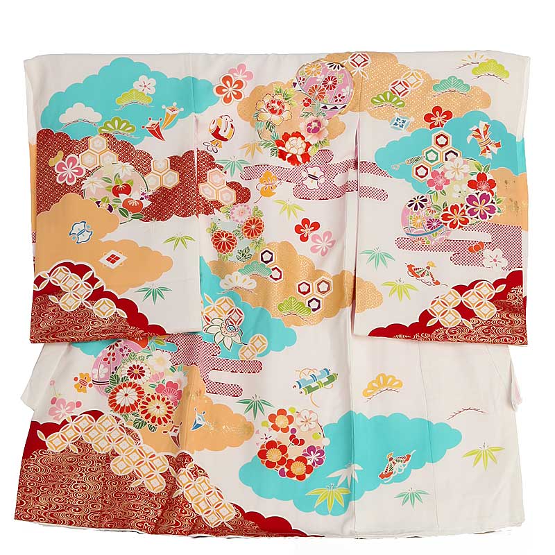 【レンタル】お宮参り 女の子 高級正絹 産着 レンタル 女の子 宝尽くしに雲取り 白地水色 0307 女の子 ..