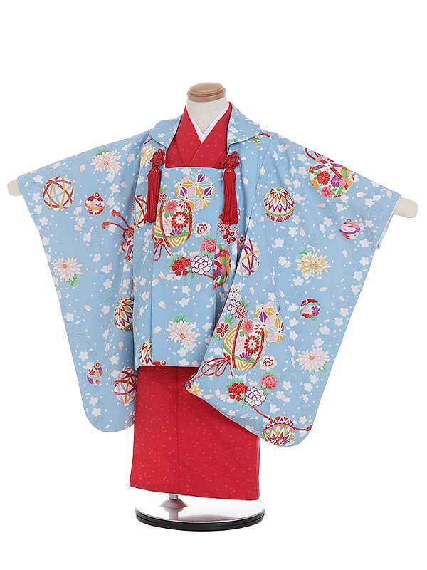 【レンタル】七五三レンタル 女の子 3歳着物フルセット K312|90cm～100cm|被布コート 水色×赤 被布セット 753 3歳|七五三着物|3歳被布|子供着物|753レンタル|貸衣装