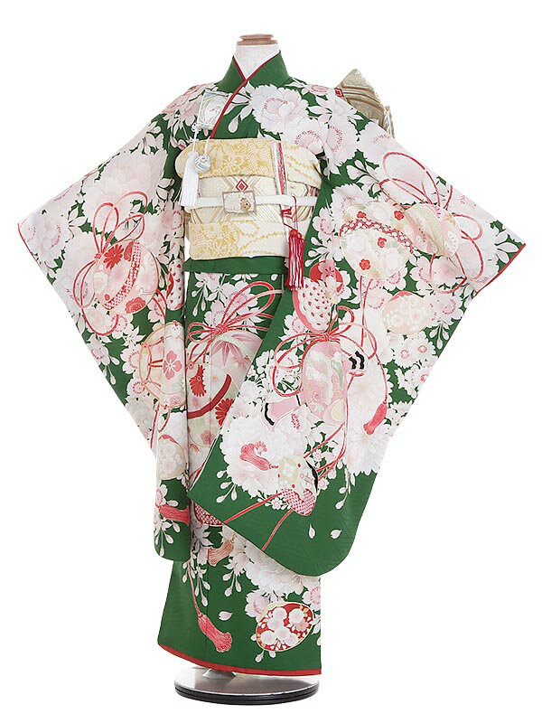 【レンタル】七五三 7歳着物レンタル 花徒然 緑 古典花柄 吉祥文様 くすみカラーフルセット N739 華徒然 貸衣装 753着物 七五三着物 着物セット 753レンタル 女の子 子供着物 お正月 ひな祭り 結婚式 753 キッズ着物 七五三レンタル きもの