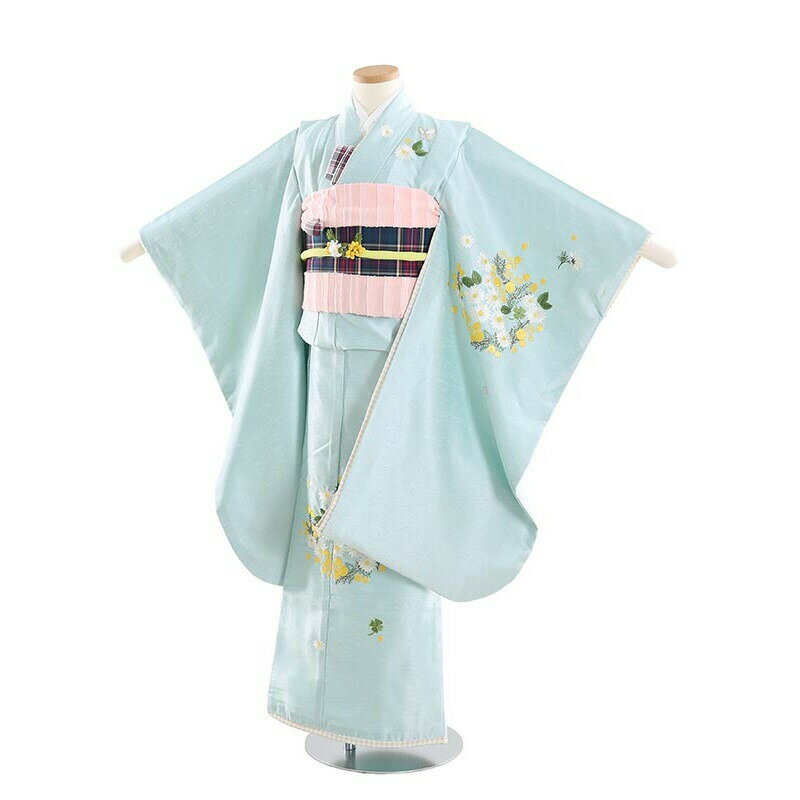 楽天マタニティ子供喪服レンタルH＆H【レンタル】七五三 7歳着物レンタル N705 KamiShibai ミモザ刺繍 水色 フルセット753着物 着物セット 七五三着物 753レンタル 貸衣装 女の子 子供着物 お正月 ひな祭り 結婚式 753 キッズ着物 七五三レンタル きもの