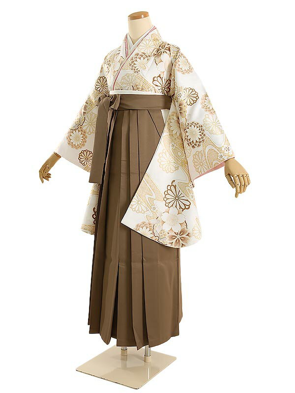 【レンタル】袴レンタル 袴 セット 卒業式 女性 158～163cm 7号～11号 白地 くすみ菊古典×焦げ茶袴 卒業袴 二尺袖 謝恩会 女性用袴 大人用 着物レンタル 大学 専門学校 女性和装 貸衣装 0ag0194