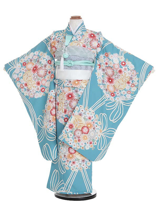 【レンタル】七五三 7歳着物レンタル 花薬玉 菊 ターコイズブルー Y731 フルセット 753着物 七五三着物 着物セット 貸衣装 女の子 子供着物 お正月 ひな祭り 結婚式 753 キッズ着物 七五三レンタル きもの 結び帯