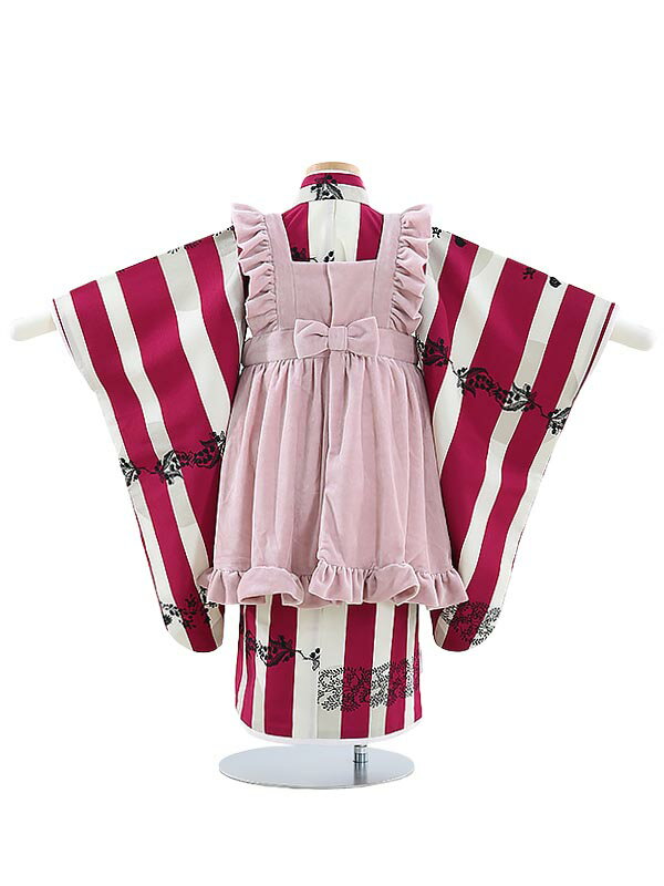 【レンタル】【あす楽】七五三レンタル 女の子 3歳着物フルセット Y319 シュセット リボンエプロン ストライプにレース 被布セット 子供着物 貸衣装 往復送料無料