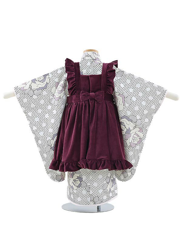 【レンタル】【あす楽】七五三レンタル 女の子 3歳着物フルセット Y320 シュセット リボンエプロン ホワイトドットにバラ 被布セット 子供着物 貸衣装 往復送料無料