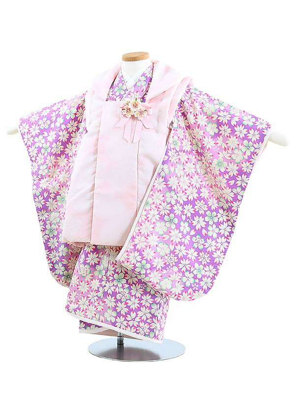 【レンタル】七五三レンタル 女の子 3歳着物フルセット Y323 華徒然 ピンクぼかし×紫地に桜 753着物 レンタル753 被布セット 子供着物 貸衣装 往復送料無料