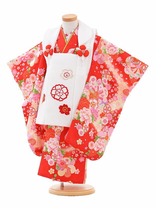 【レンタル】七五三レンタル 女の子 3歳着物フルセットA309 白×赤 花に鼓 被布セット 90cm〜100cm 子供着物 貸衣装